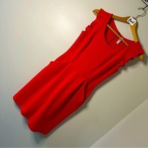 Xhileration Orange Red Fitted Dress Ruffle Cap Sleeves Pockets Women's S